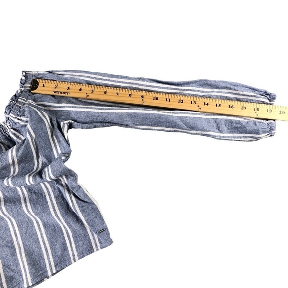 Guess Womens Small Blue White Pin Stripe Off Shoulder Linen Blend Top - Picture 7 of 7